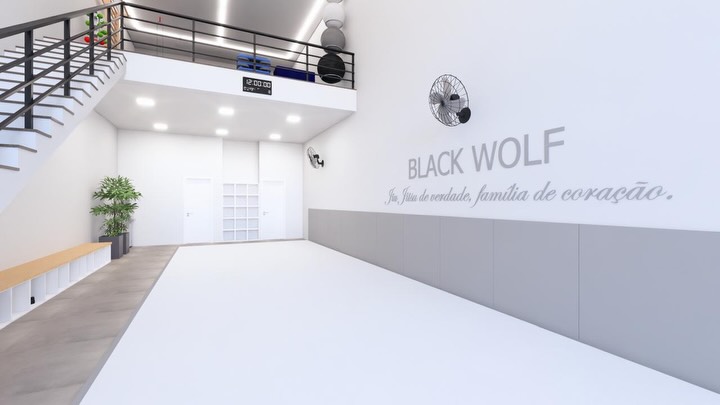 Projeto do novo espaço da Black Wolf em Capão da Canoa: tatame com o slogan Jiu-Jitsu de verdade, família de coração na parede