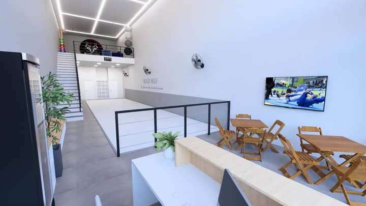 Projeto do novo espaço da Black Wolf: vista geral do lounge, do tatame e do mezanino