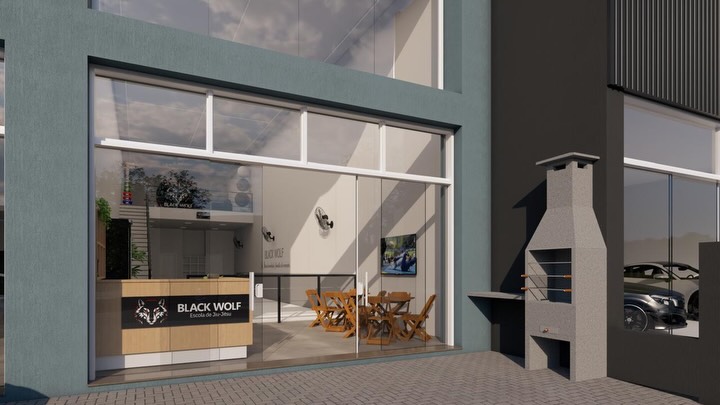 Projeto da fachada da Black Wolf Escola de Jiu-Jitsu na Av. Central, com churrasqueira