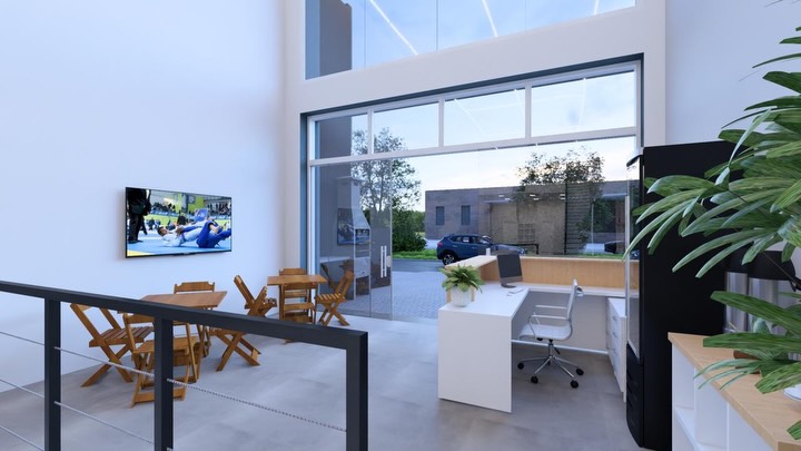 Projeto do novo espaço da Black Wolf: recepção e lounge junto à fachada de vidro